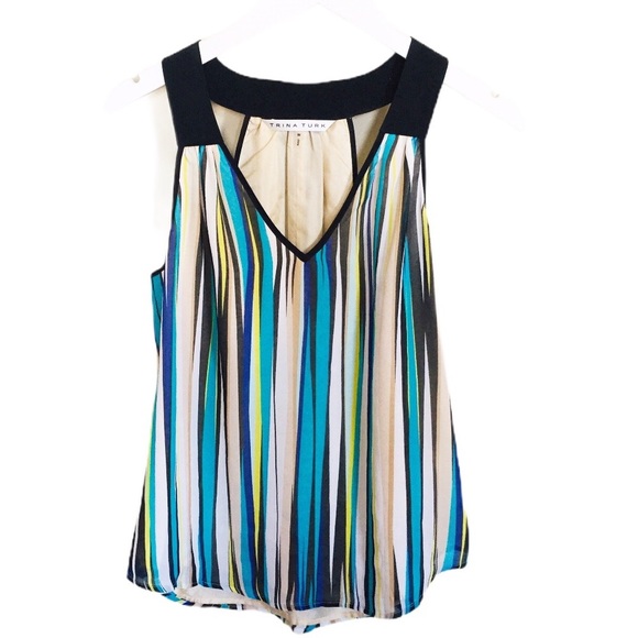 TRINA TURK (Nordstrom) Silk Stripe Sleeveless Blouse/Tank With V Cut Blue Medium - Picture 4 of 8
